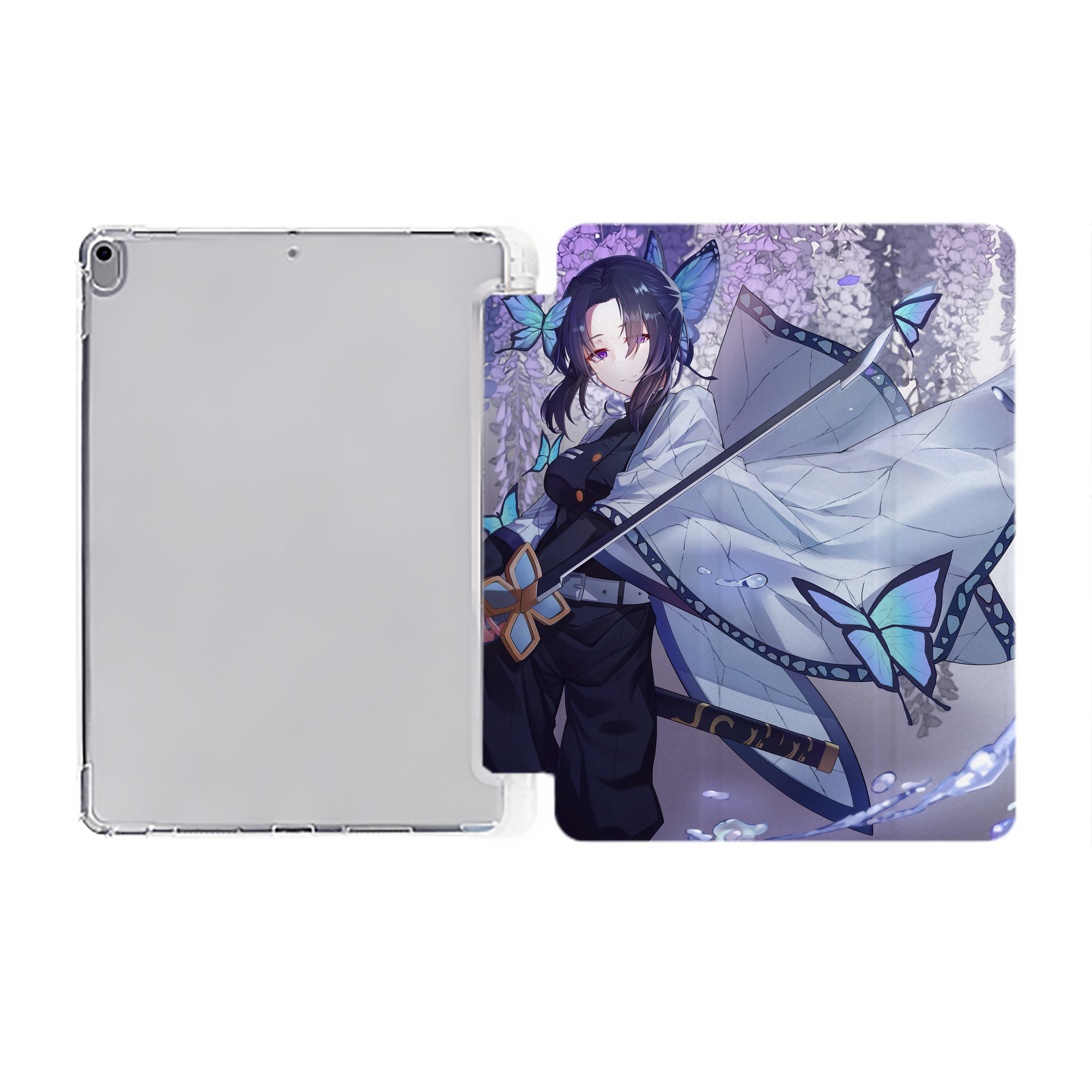 （画像用） 鬼滅の刃（きめつのやいば）蟲柱-胡蝶 しのぶ／こちょう しのぶ Kochou Shinobu IPad ケース ペン収納付き 三つ折りスタンド PUレザー×シリコン 対応機種9.5/10.5/10.9インチ